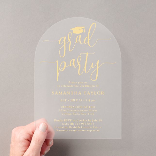 Invitations En Acrylique Moderne Tendance Or Script Grad Party Transparent  (In situ (ordinateur de poche))