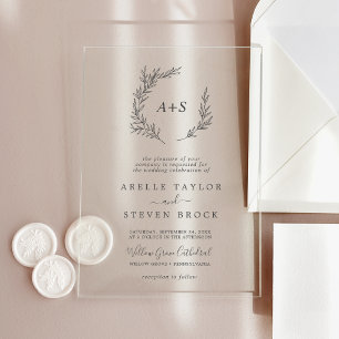 Invitations En Acrylique Monogramme à feuilles minimes vert Boho Mariage mo