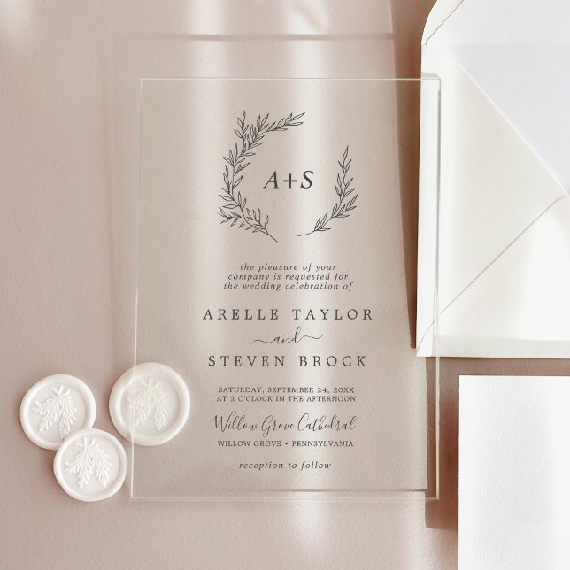 Invitations En Acrylique Monogramme à feuilles minimes vert Boho Mariage mo (Minimal Leaf Monogram Greenery Boho Modern Wedding Acrylic Invitations)