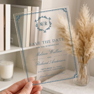 Invitations En Acrylique Monogramme Crête Bleu Poussiéreux Mariage Enregist