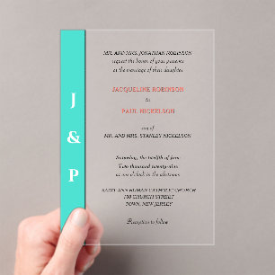 Invitations En Acrylique Monogramme de corail turquoise Mariée et pièce cla