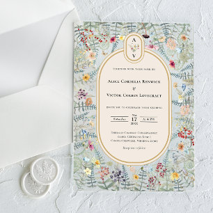 Invitations En Acrylique Monogramme de mariage beige fougère de fleur sauva