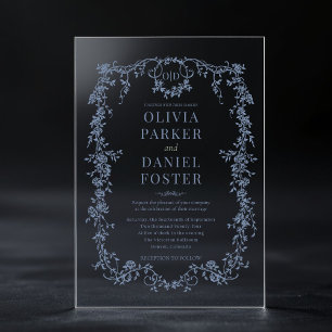 Invitations En Acrylique Monogramme de mariage bleu poussiéreux français vi