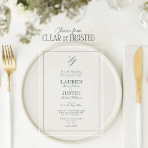 Invitations En Acrylique Monogramme de mariage classique vert émeraude en é