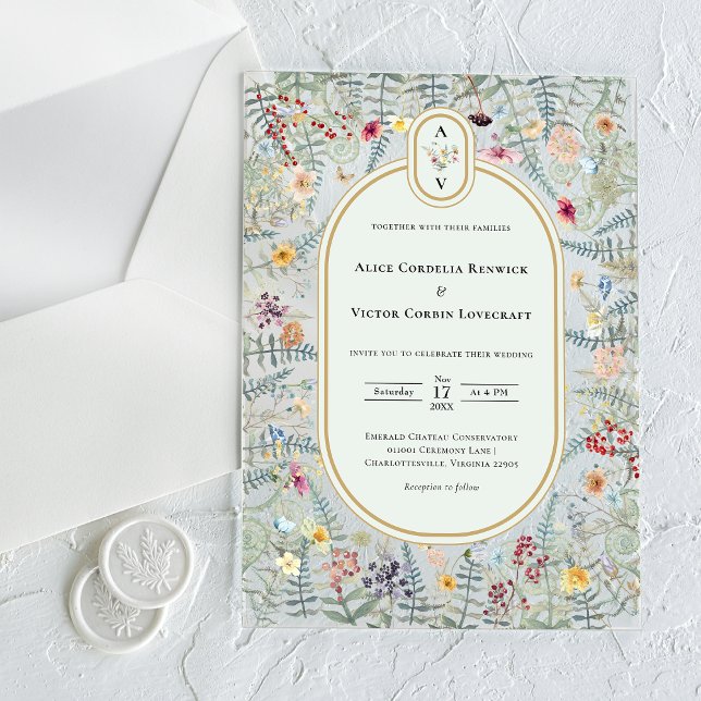 Invitations En Acrylique Monogramme de mariage vert menthe à fleurs sauvage (Créateur téléchargé)