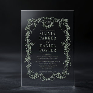 Invitations En Acrylique Monogramme de mariage vert sauge français victorie