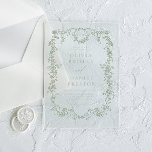 Invitations En Acrylique Monogramme de mariage vert sauge français victorie