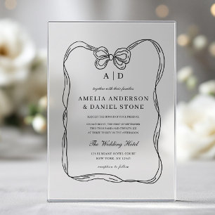 Invitations En Acrylique Monogramme élégant formel noir et blanc à nœud