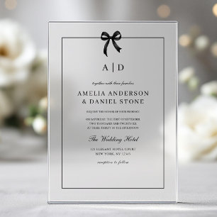 Invitations En Acrylique Monogramme élégant formel noir et blanc avec nœud