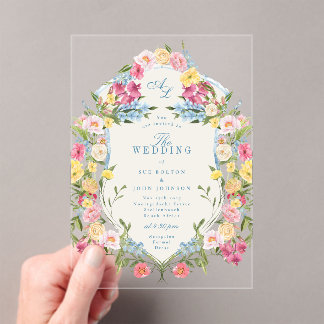 Invitations En Acrylique Monogramme Floral bleu français Vintage Crest Mari