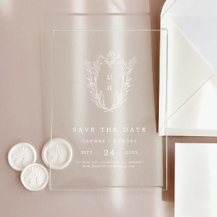 Invitations En Acrylique Monogramme Floral DAPHNE Mariage Blanc Enregistrer