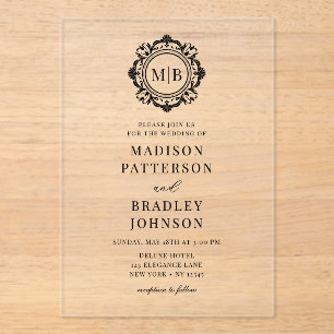 Invitations En Acrylique Monogramme Floral Orné Mariage Élégant Noir