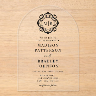 Invitations En Acrylique Monogramme Floral Orné Mariage Élégant Noir