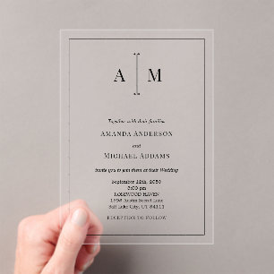 Invitations En Acrylique Monogramme Mariage simple à bordure noire
