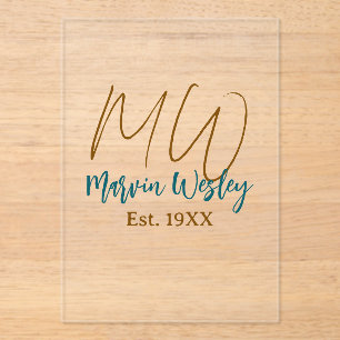 Invitations En Acrylique Monogramme marron bleu turquoise année simple mini