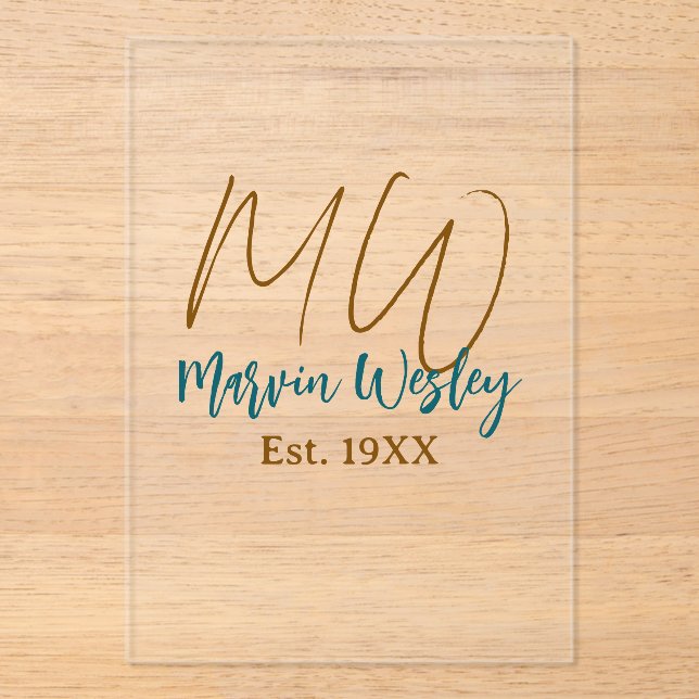 Invitations En Acrylique Monogramme marron bleu turquoise année simple mini (Recto)