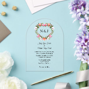 Invitations En Acrylique Monogramme Romantique Rose coeur floral