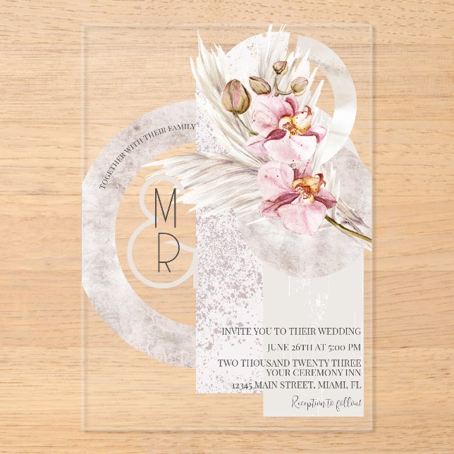 Invitations En Acrylique Monogramme rose beige de Bohême Pampas Mariage B (Recto)