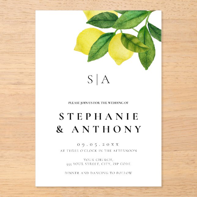Invitations En Acrylique Monogrammes Branche de Citron Vert Mariage (Recto)
