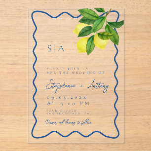 Invitations En Acrylique Monogrammes Lemon Citrus, Bordure Blue Wave Mariag