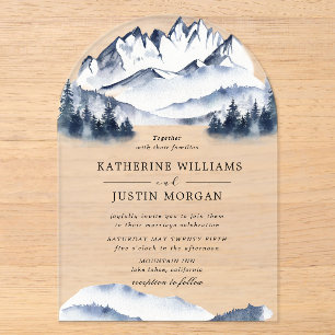 Invitations En Acrylique Montagne aquarelle bleue rustique
