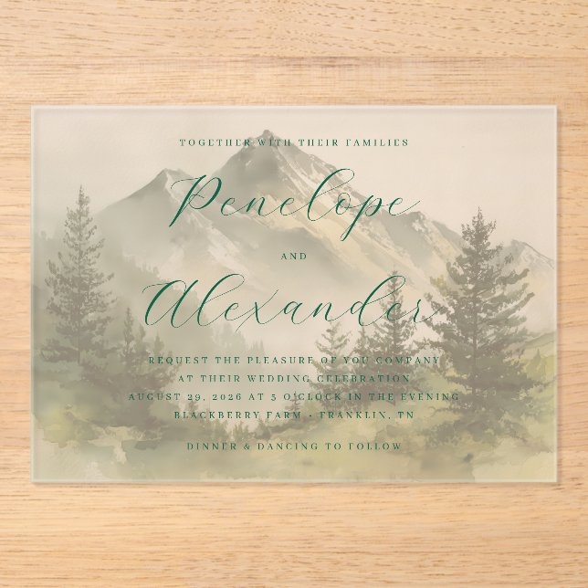 Invitations En Acrylique Montagnes aquarelles vertes tranquilles (Recto)
