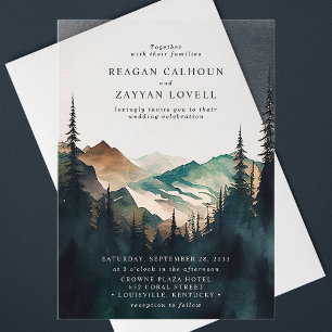Invitations En Acrylique Montagnes D'Aquarelle Et Mariage De Forêt De Pins