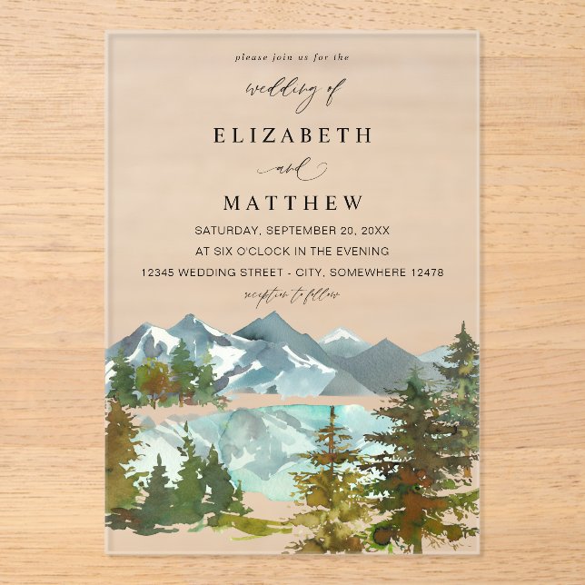 Invitations En Acrylique Montagnes et arbres Rustique Mariage V2 (Recto)
