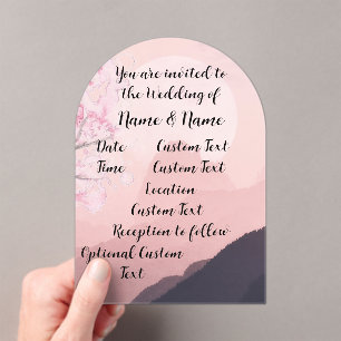 Invitations En Acrylique Montagnes roses mauves et horizon de soleil