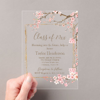 Invitations En Acrylique Moody Charcoal and Pink Cherry Blossom Graduation