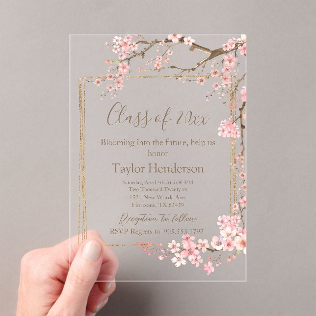 Invitations En Acrylique Moody Charcoal and Pink Cherry Blossom Graduation (In situ (ordinateur de poche))