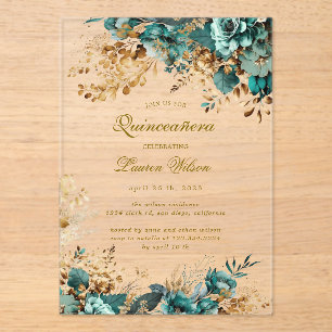 Invitations En Acrylique Moody Floral Turquoise Quinceañera