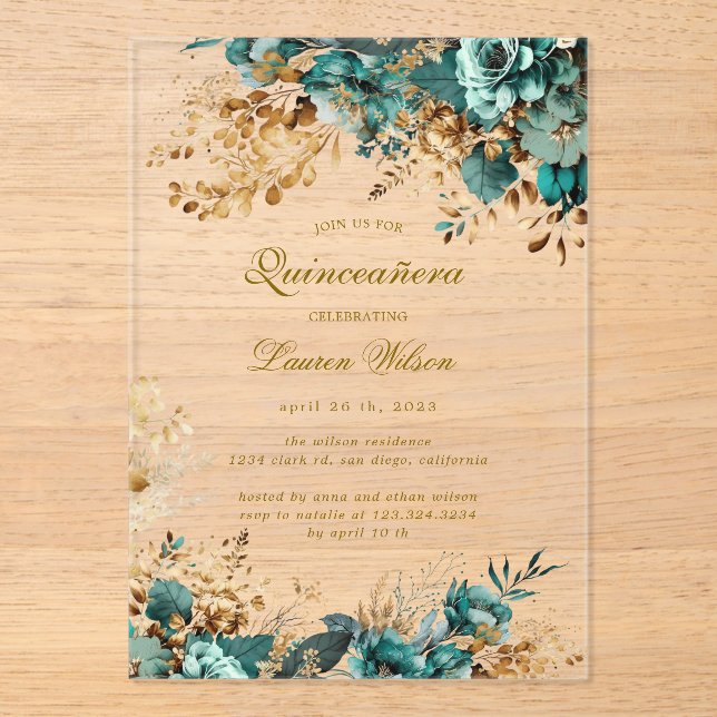 Invitations En Acrylique Moody Floral Turquoise Quinceañera (Recto)