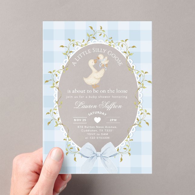 Invitations En Acrylique Mother Goose Silly Baby Shower Blue Gingham (In situ (ordinateur de poche))