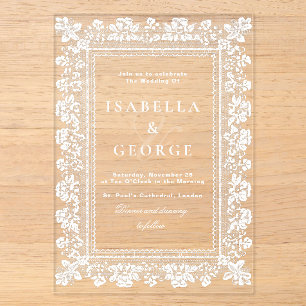 Invitations En Acrylique Nappe en dentelle blanche mariage moderne