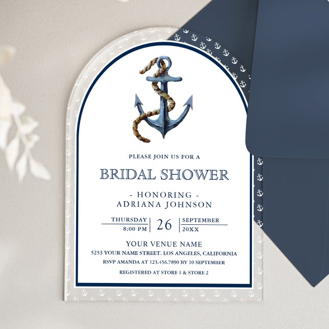 Invitations En Acrylique Nautical Navy Blue Anchor Arch Bridal Shower (Créateur téléchargé)