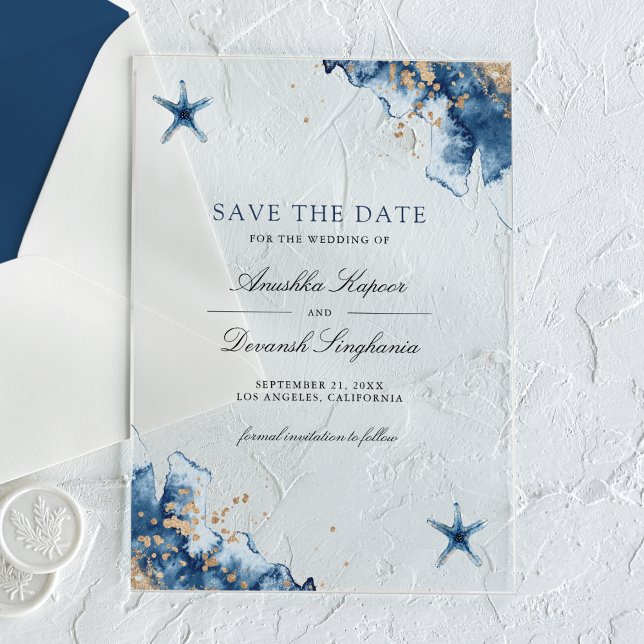 Invitations En Acrylique Nautical Navy Blue Starfish Mariage Enregistrer la (Créateur téléchargé)