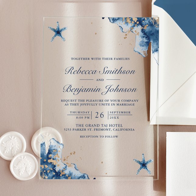 Invitations En Acrylique Nautical Navy Blue Starfish Wedding (Créateur téléchargé)
