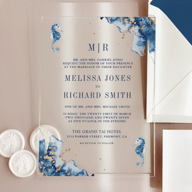 Invitations En Acrylique Nautical Navy Monogram Seahorse Wedding (Créateur téléchargé)
