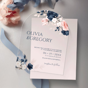 Invitations En Acrylique Navy Blue and Blush Pink Bouquet Wedding
