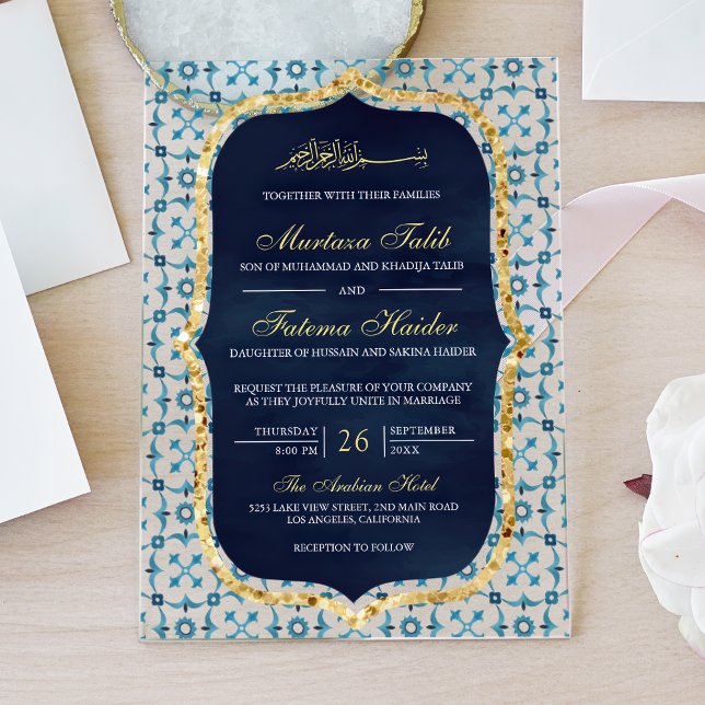 Invitations En Acrylique Navy Blue and Gold Moroccan Tile Islamic Wedding (Créateur téléchargé)