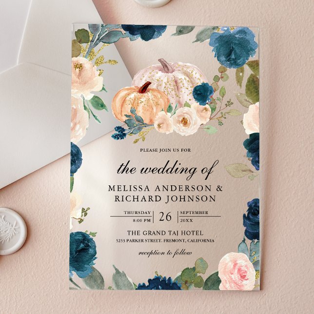 Invitations En Acrylique Navy Blue and Peach Floral Pumpkin Wedding (Créateur téléchargé)