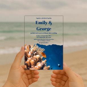 Invitations En Acrylique Navy Blue Coastal Under the Sea Reefs Fish Mariage