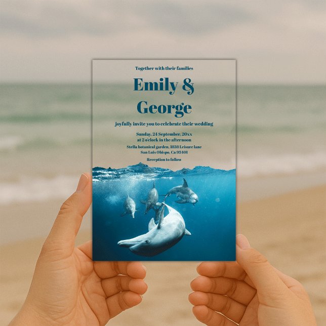 Invitations En Acrylique Navy Blue Dauphins Sous-Marins Mariage Côtier (Créateur téléchargé)