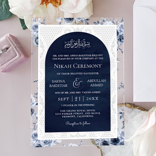 Invitations En Acrylique Navy Blue Floral White Lace Muslim Wedding (Créateur téléchargé)