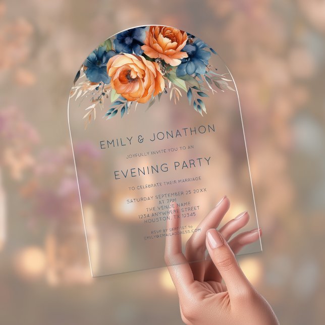 Invitations En Acrylique Navy Burnt Orange Florals Wedding Evening Party (Créateur téléchargé)