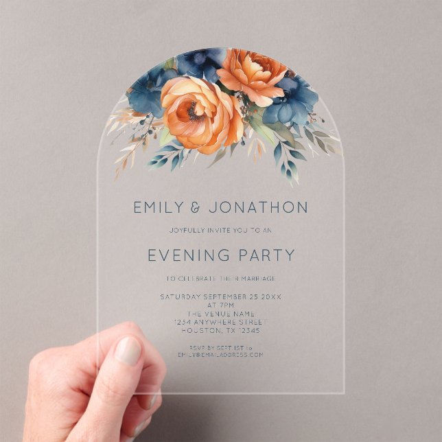 Invitations En Acrylique Navy Burnt Orange Florals Wedding Evening Party (In situ (ordinateur de poche))