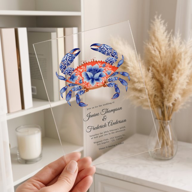 Invitations En Acrylique Navy & Coral Floral Crab Coastal Nautical Wedding (Navy & Coral Floral Crab Coastal Nautical Wedding Acrylic Invitations)