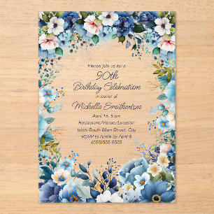 Invitations En Acrylique Navy Dusty Blue Blanc Floral 90e Anniversaire