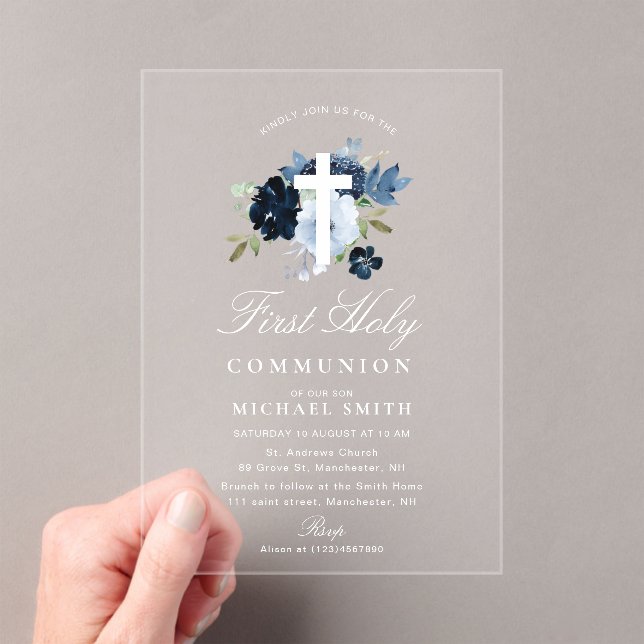 Invitations En Acrylique Navy & dusty blue floral first holy communion (In situ (ordinateur de poche))
